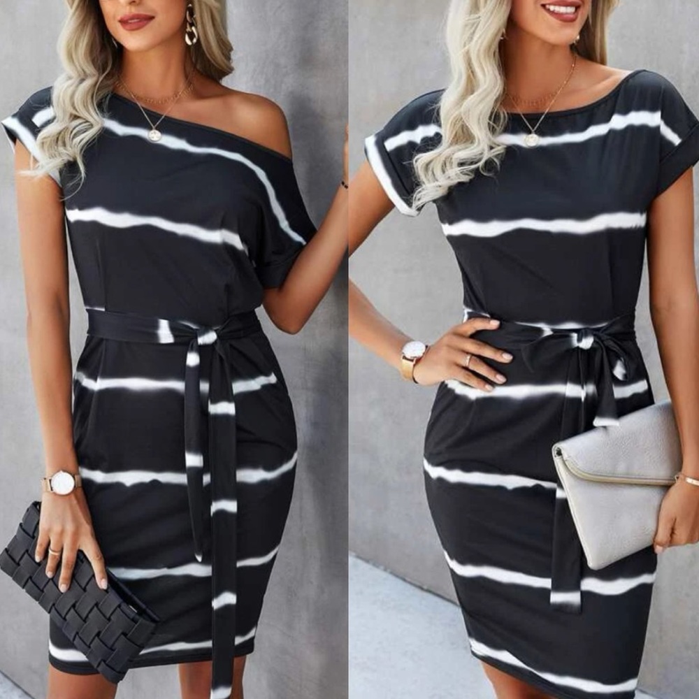 Boho striped boat neck belted casual dress - Picture 3 of 3